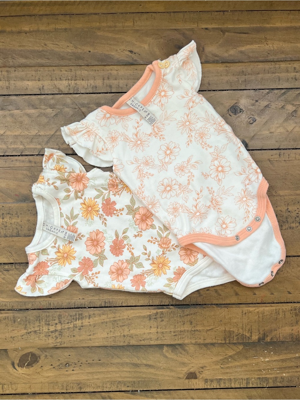 chick pea Organic Peach & Cream Floral Flutter-Sleeve Baby One-Pieces (Set of 2)